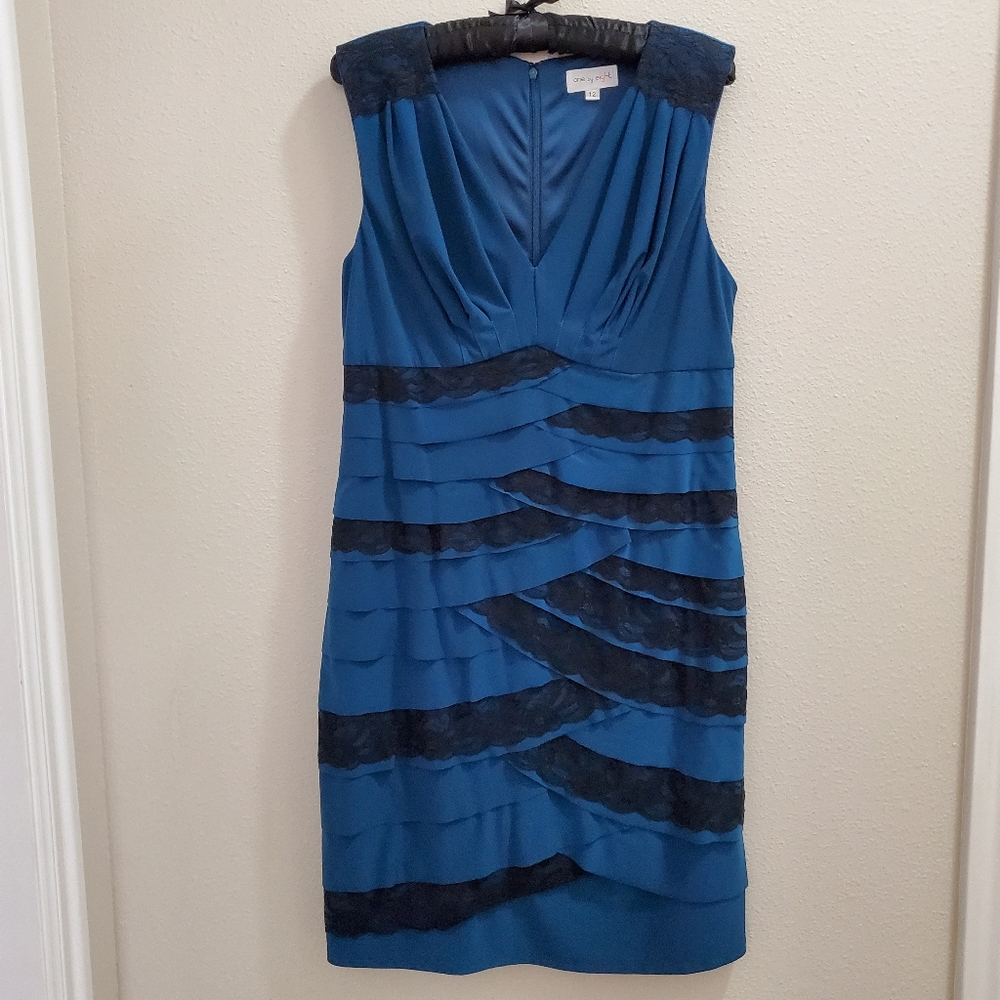 One by Eight Dress Womens 12 Cocktail Evening Sleeveless Teal Black Lace Ruffles